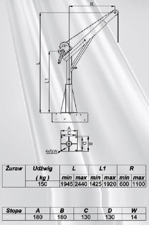 Żuraw ze stopą i wciągarką ręczną z liną 12m (udźwig: 150 kg, wysokość podnoszenia: 1945-2440 mm) 53368256